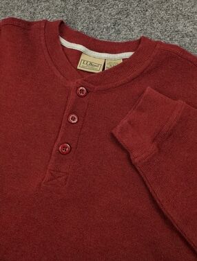 LL Bean Waffle Knit Henley Shirt Mens XL Long Sleeve Thermal Button Collar Red